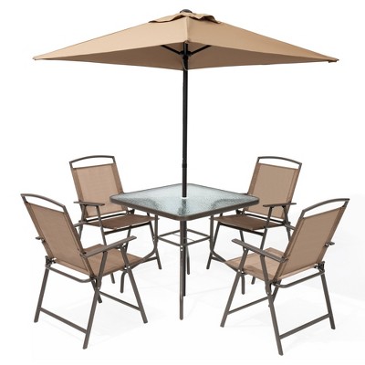 Pellebant 6 PCS Outdoor Patio Dinning Set with 4 Folding Chairs, Glass Table Umbrella without Base