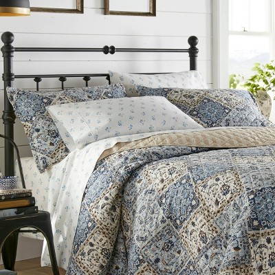 Country Casual Blue and Beige Cotton Twin Quilt Set, Reversible