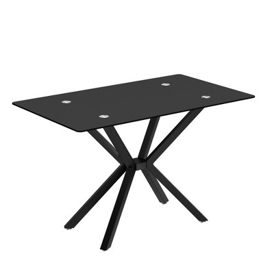 Dolonm 47.24" Rectangular Tempered Glass Dining Table,Black Metal Legs, Kitchen Table for Dining Room