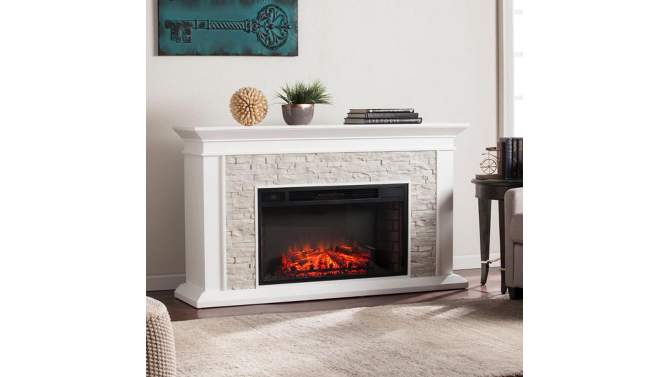 Southern Enterprises Decorative Fireplace White with rustic White faux stone, 2 of 5, play video