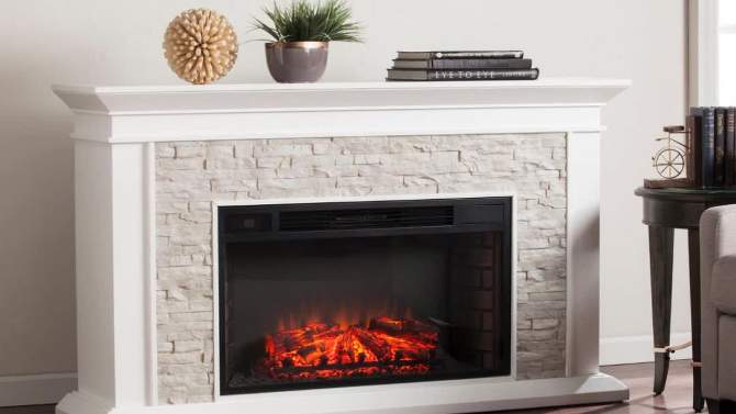 Southern Enterprises Decorative Fireplace White with rustic White faux stone, 2 of 5, play video