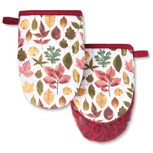 Martha Stewart 2pk 5.5''x8'' Autumn Harvest Falling Leaves Mini Oven Mitt Set Red/Green: Cotton, Silicone, Machine Washable - 1 of 4