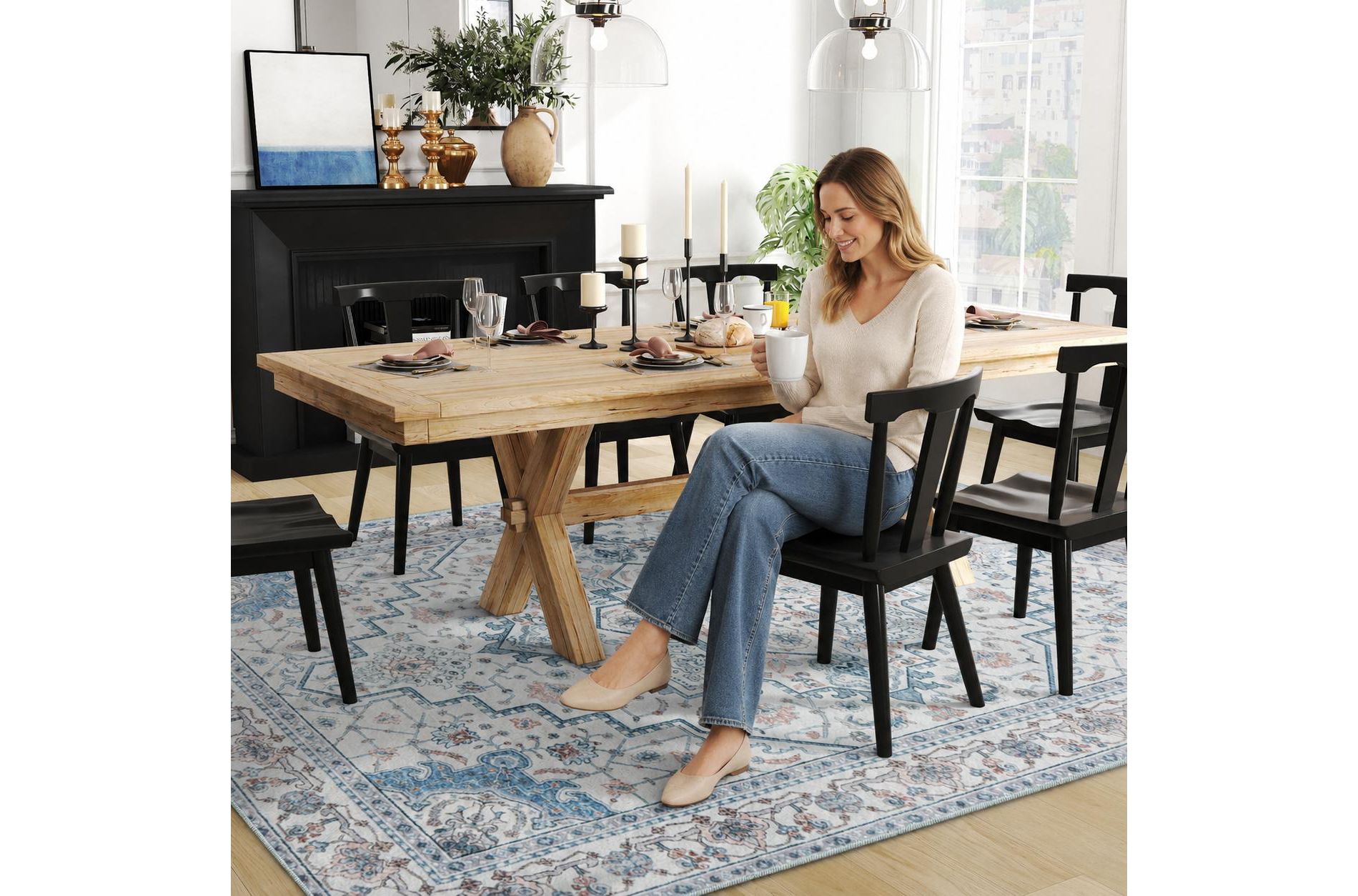 LOVEVOOK Washable Vintage Boho Area Rug, Non Slip Floral Carpet for Living Room Bedroom Kitchen Dining Room Home Decor