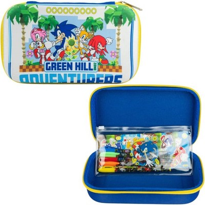 Sonic the Hedgehog Pencil Case Set with Stickers and Gel Pens for Kids, Molded with Zip Closure, Blue
