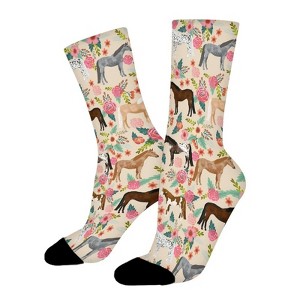 Horses Floral Women Printed Crew Socks Funny Funky Socks Soft Polyester Novelty Gifts for Artists Men - 1 of 1