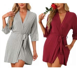 INSPIRE CHIC Women's 2 Pcs Lightweight Knit Cotton Short Robe Sleepwear with Pockets - 1 of 4