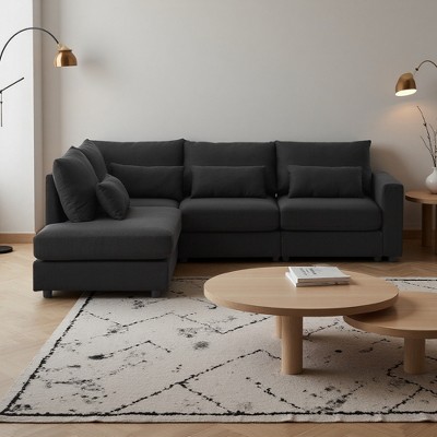 100.2" Linen L-Shaped Modular Sectional Sofa with Ottoman & Pillows