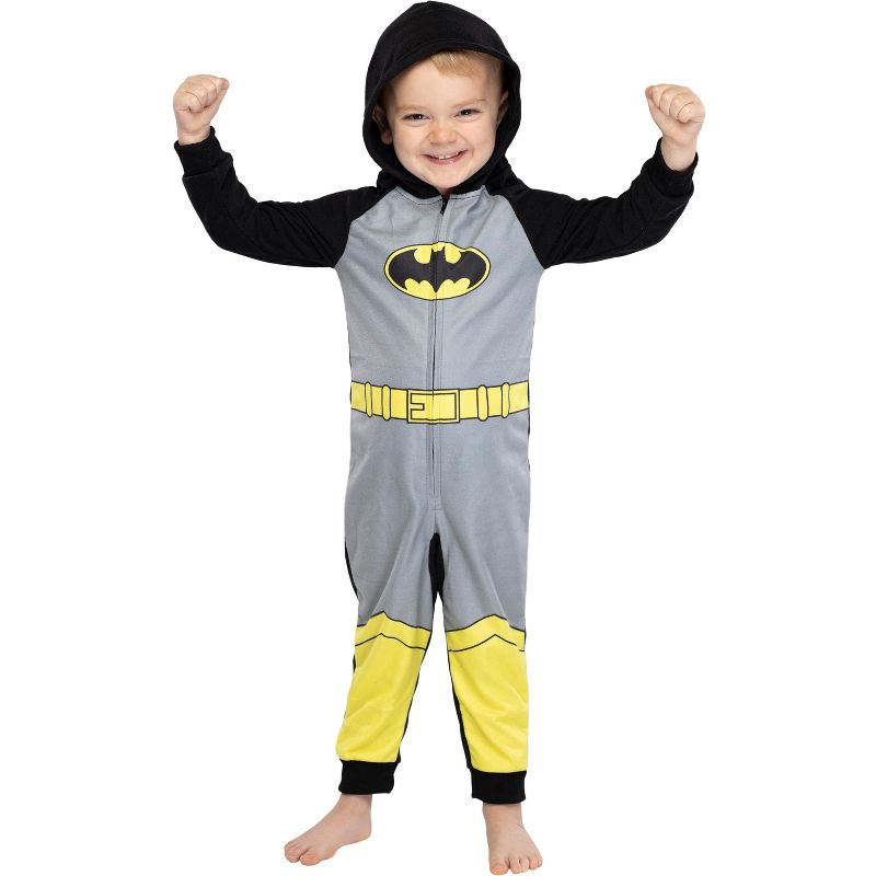 DC Comics Toddler Kids Superhero Character Hooded Union Suit Footless Pajamas, 2 of 4