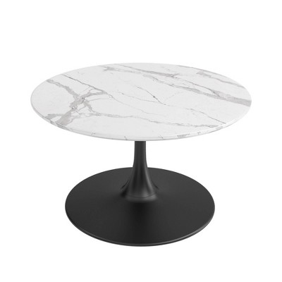Jamesdar Kurv Caf Luxs Coffee Table: Faux Marble Top, Black Steel Base, Round Edge Design