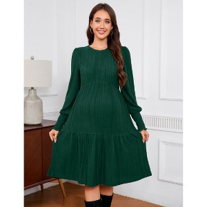 Maternity Smocked Cuff Dress Casual Ribbed Knit Bell Sleeve Midi Dress for Pregnancy - 1 of 4