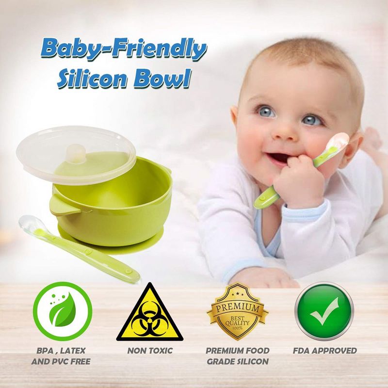 Silicone Suction Baby Bowl with Lid - BPA Free - 100% Food Grade Silicone - Infant Babies and Toddler Self Feeding (Green / Pink), 4 of 7
