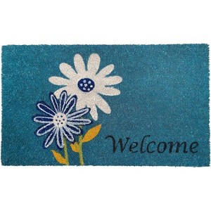 HomeRoots 17" X 29" Blue and White Coir Floral Welcome Outdoor Door Mat - 1 of 3