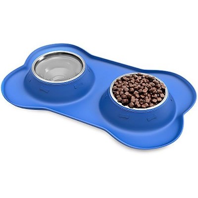 Stainless Steel Pet Bowls for Dogs and Cats- Set of 2 Dishes for Food and Water in Non Slip No Mess Silicone Tray- Bowls 12oz Each by PETMAKER -BLUE