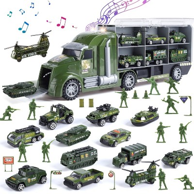 Skirfy 33 in 1 Military Truck Toy, Green Army Toy Set with Soldiers and Roadblocks, Mini Battle Truck Toy in Carrier Truck with Lights and Sounds