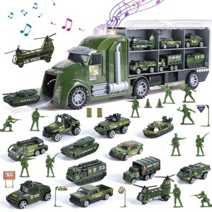 Skirfy 33 in 1 Military Truck Toy, Green Army Toy Set with Soldiers and Roadblocks, Mini Battle Truck Toy in Carrier Truck with Lights and Sounds - 1 of 4
