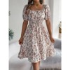 Women's Summer Floral Dresses Ruffle Puff Short Sleeve Square Neck Flowy A Line Midi Dress White Medium - 2 of 4