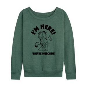 Women's - Garfield - I'm Here You're Welcome Lightweight French Terry Wide Neck Long Sleeve Shirt - 1 of 4