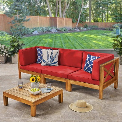 Brava 4pc Acacia Modular Sofa and Table Set - Teak/Red - Christopher Knight Home: Weather-Resistant Outdoor Seating