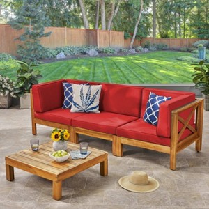 Brava 4pc Acacia Modular Sofa and Table Set - Teak/Red - Christopher Knight Home: Weather-Resistant Outdoor Seating - 1 of 4