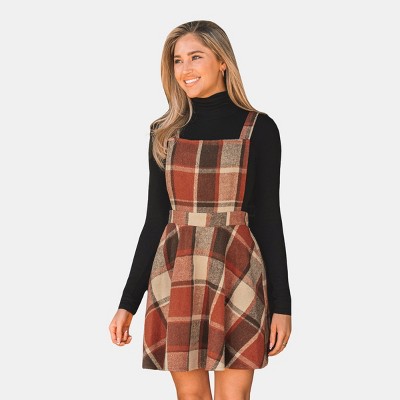 Women's Square Neck Red Plaid Print Cross Back Sleeveless Overall A Line Dress - Cupshe