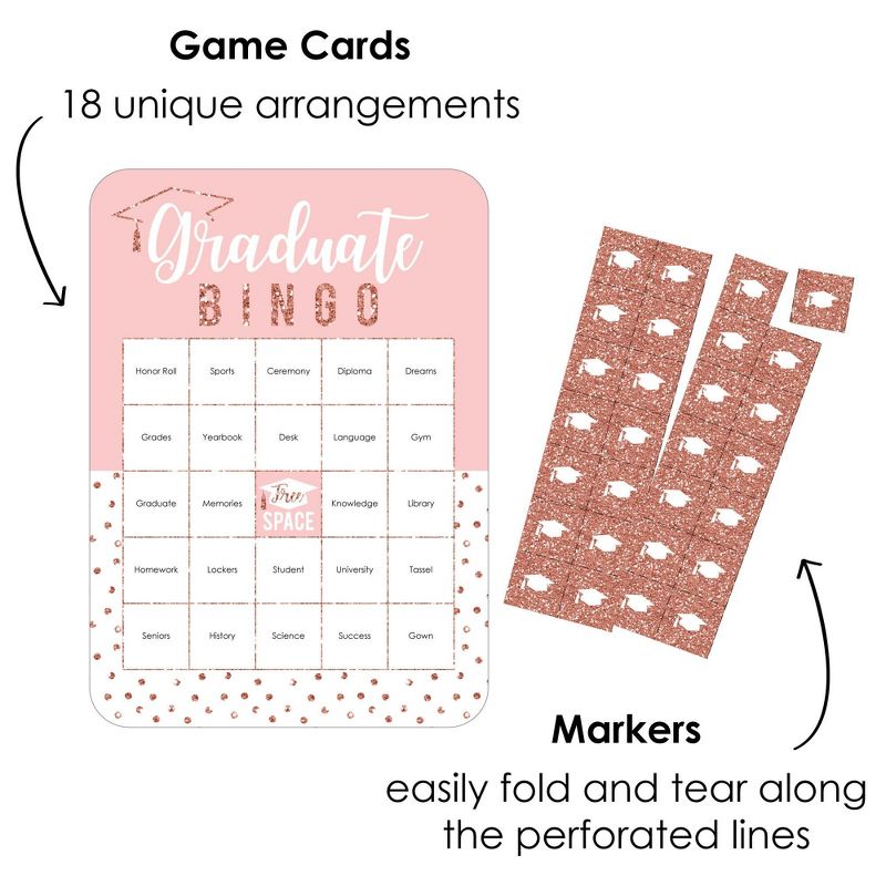 Big Dot of Happiness Rose Gold Grad - Bingo Cards and Markers - Graduation Party Shaped Bingo Game - Set of 18, 2 of 6