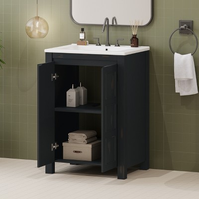 FURNIinspire Bathroom Storage Cabinets Vintage Small Bathroom Vanity With Ceramic Sink, Standing Home Storage Cabinet, Black, 18.3"*24"*33.8"