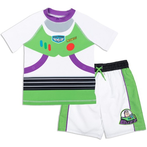 Disney Toy Story Little Boys' Cosplay 2-Piece Short Sleeve Raglan Swim Shirt and Board Shorts Outfit Buzz Lightyear White 5-6
