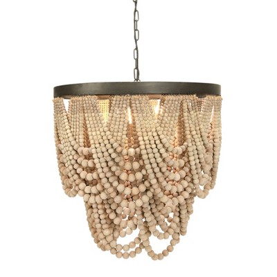 Storied Home Draped Wood Bead Chandelier Light Beige: Ceiling Fixture, UL Listed, No Assembly Required