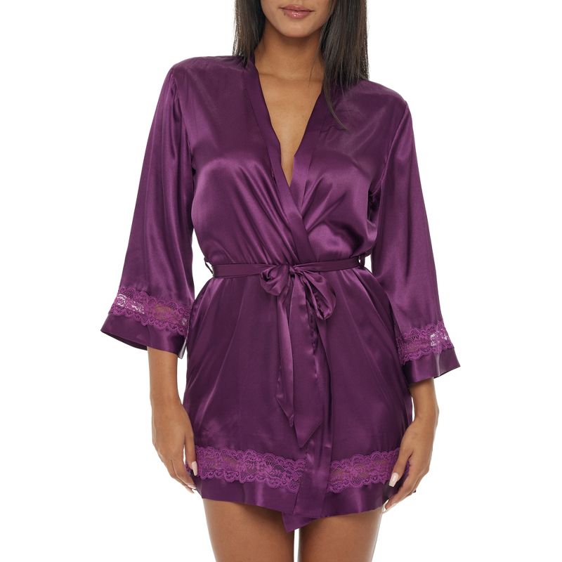 Womens Short Satin Lace Trim Robe, Silk like Loungewear, 1 of 8