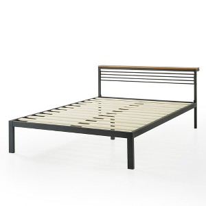 Full HYLEE Metal & Wood Platform Bed Frame with Low Headboard Shelf, Mellow - 1 of 4