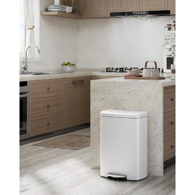 13 Gallon / 50 Liter Step-On Stainless Steel Trash Can with Soft-Close Lid, Slim Garbage Bin with Inner Bucket for Bathroom or Bedroom, Silver
