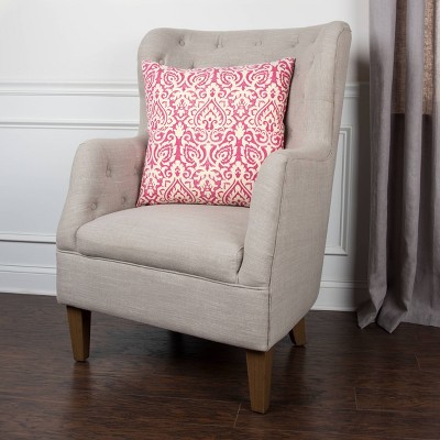 Pink and Natural Damask 22" Square Cotton Throw Pillow
