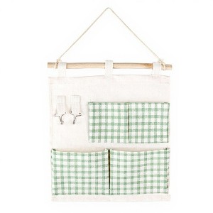 Anna-Kaci Hanging Wall Organizer with Green Gingham Pockets and Wooden Rod 12x14in - 1 of 4