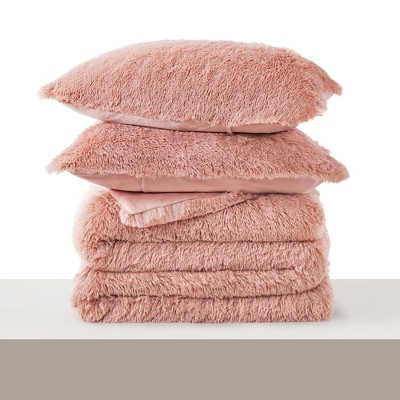 Pink Faux Fur Queen Comforter Set with Microfiber
