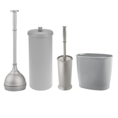 mDesign 4 Piece Trash Can, Toilet Brush/Plunger, Tissue Canister Set - Gray