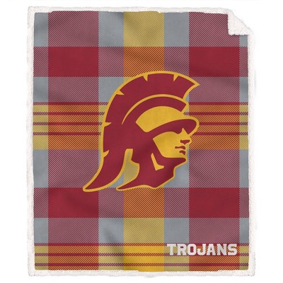 NCAA USC Trojans Plaid Steel Royal Plush Faux Shearling Blanket