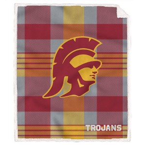 NCAA USC Trojans Plaid Steel Royal Plush Faux Shearling Blanket - 1 of 2