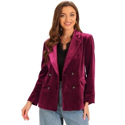 Allegra K Women's Notched Lapel Button Front Long Sleeve Double Breasted Velvet Blazer Dark Red X-Small