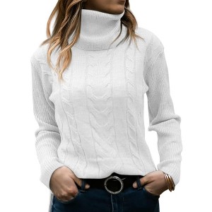 Imily Bela Women's High-Neck Solid Color Long-Sleeve Cable Knit Sweater Top - 1 of 3