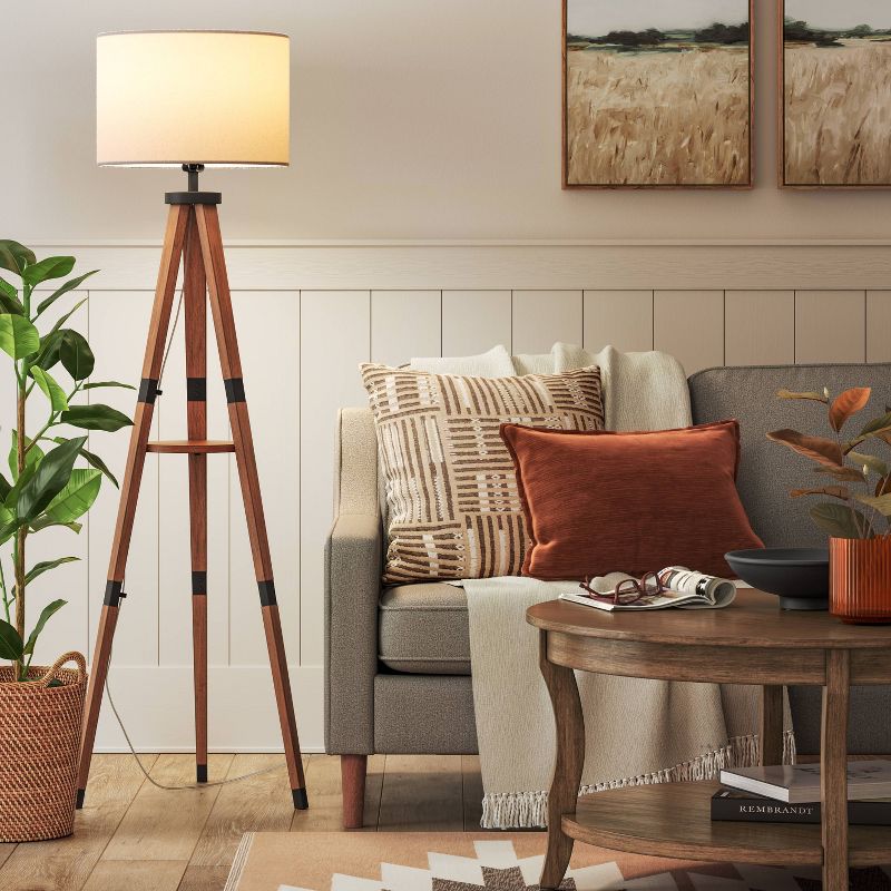 Tripod Floor Lamp with Shelf Brown Wood - Threshold™, 2 of 8
