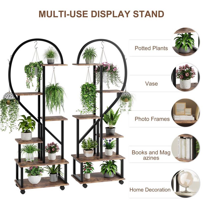Set of 2 Metal 6-Tier Tall Plant Stands with Detachable Wheels and Drawers, Half Heart Shape Design for Indoor/Outdoor Home, Garden, Patio, Balcony, 5 of 8