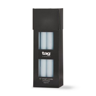 TAG Color Studio 10" Straight Taper Unscented Smokeless Paraffin Wax Candle Light Blue, Burn Time 10 hrs. Set 12