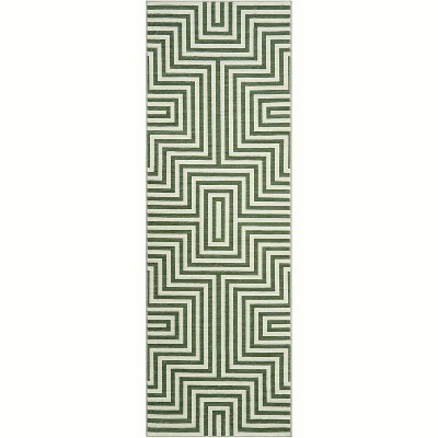 Kitchen Runner Rug Washable Non-Slip, Modern Geometric Green Low Pile Carpet for Hallway Bathroom Bedroom, Foldable Striped Floor Mat