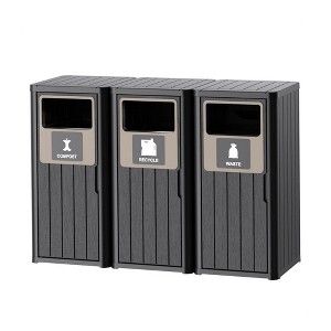CAVINAS Triple Compartment Outdoor Trash Can, 3x80L Wood-Design Recycling Station with Weatherproof Lids, Black - 1 of 4