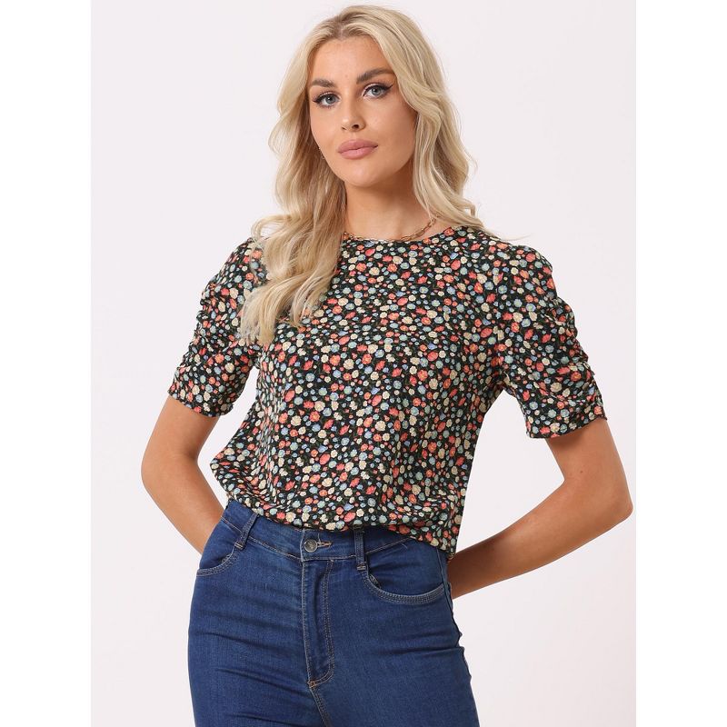Allegra K Women's Floral Summer Crew Neck Casual Shirred Short Sleeve Blouse, 3 of 8