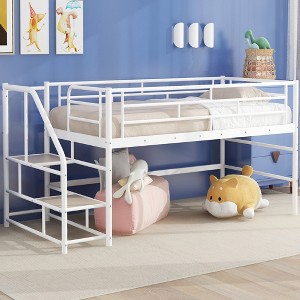 TIRAMISUBEST Mid Loft Bed with Storage stairs, Twin Size Metal Low Loft Bedframe with Guardrail, Kids Playhouse Bed - 1 of 4