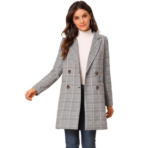 Allegra K Women's Double Breasted Notched Lapel Plaid Overcoat with Pockets White Black X-Large