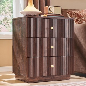SinCiDo Fluted Nightstand with Charging Station, 21.65" Wide Modern Wood Bedside Table w/3 Storage Drawers for Bedroom, Living Room - 1 of 4