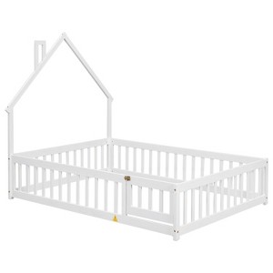 Full Size House Bed Frame with Fence Guardrail, Playful House Shape Safety Bed Platform for Kids Room, in Natural Wood, Grey & White - 1 of 4
