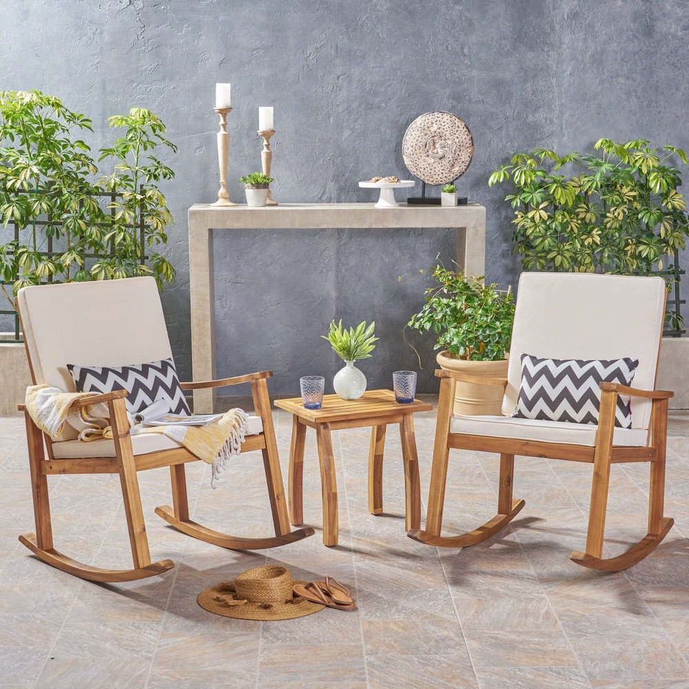 3pc Candel Acacia Wood Patio Rocking Chair and Table Set Teak - Christopher Knight Home